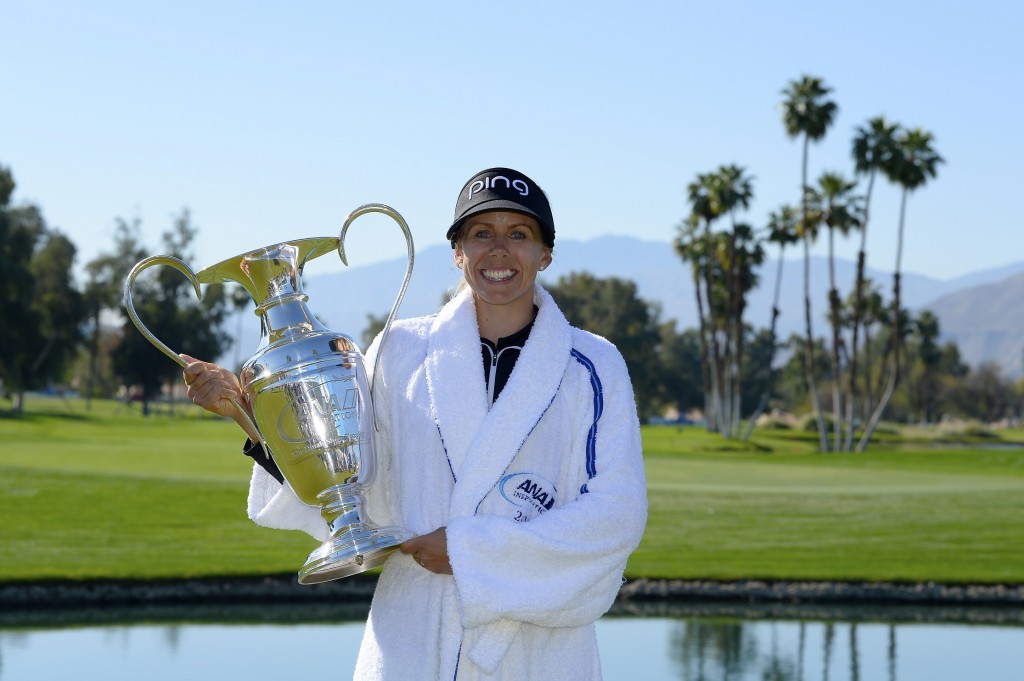 RANCHO MIRAGE, CA - APRIL 02:  Pernilla Lindberg of Sweden poses with the winner's trophy after defeating Inbe Park of South Korea during the sudden death playoff on the eighth hole during the final round of the ANA Inspiration on the Dinah Shore Tournament Course at Mission Hills Country Club on April 2, 2018 in Rancho Mirage, California. Play resumed today after play was suspended due to darkness yesterday. (Photo by Robert Laberge/Getty Images)