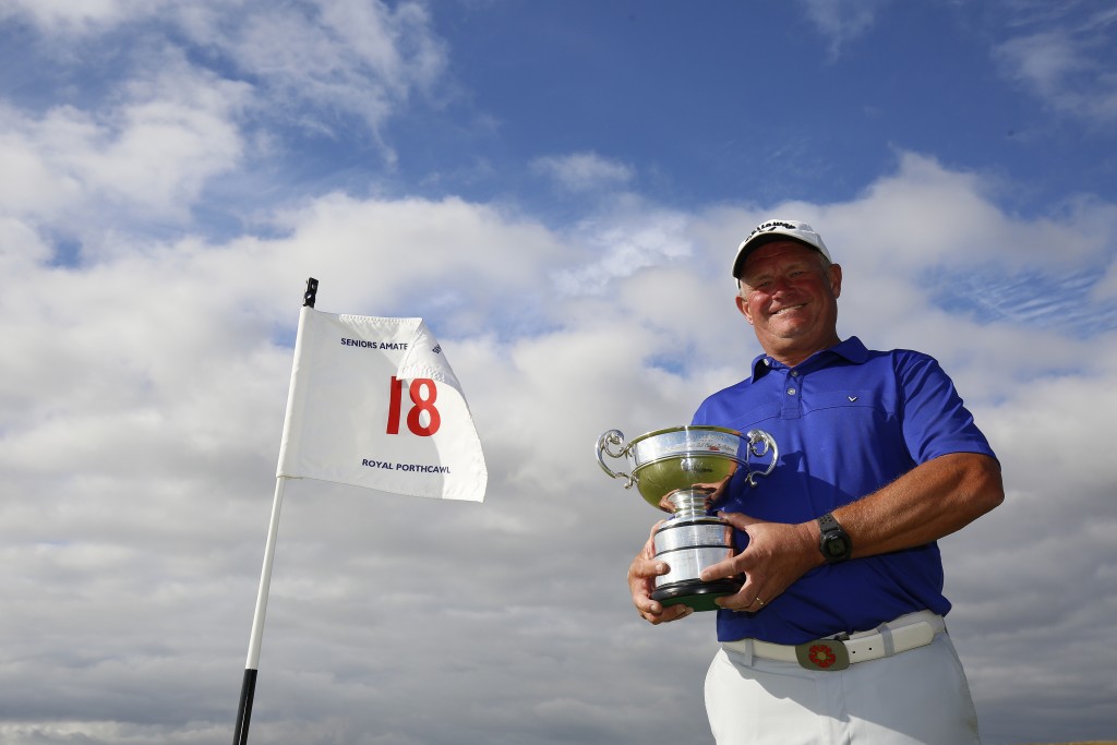 BRIDGEND, WALES - AUGUST 03: Trevor Foster of Accrington & District Golf Club after winning The Seniors Amateur Championship at Royal Porthcawl Golf Club on August 3, 2018 in Bridgend, Wales. (Photo by Julian Herbert/R&A/R&A via Getty Images)