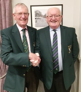 New Skipton Golf Club president Tom Hayes, right, is congratulated by his predecessor Jonathan White.