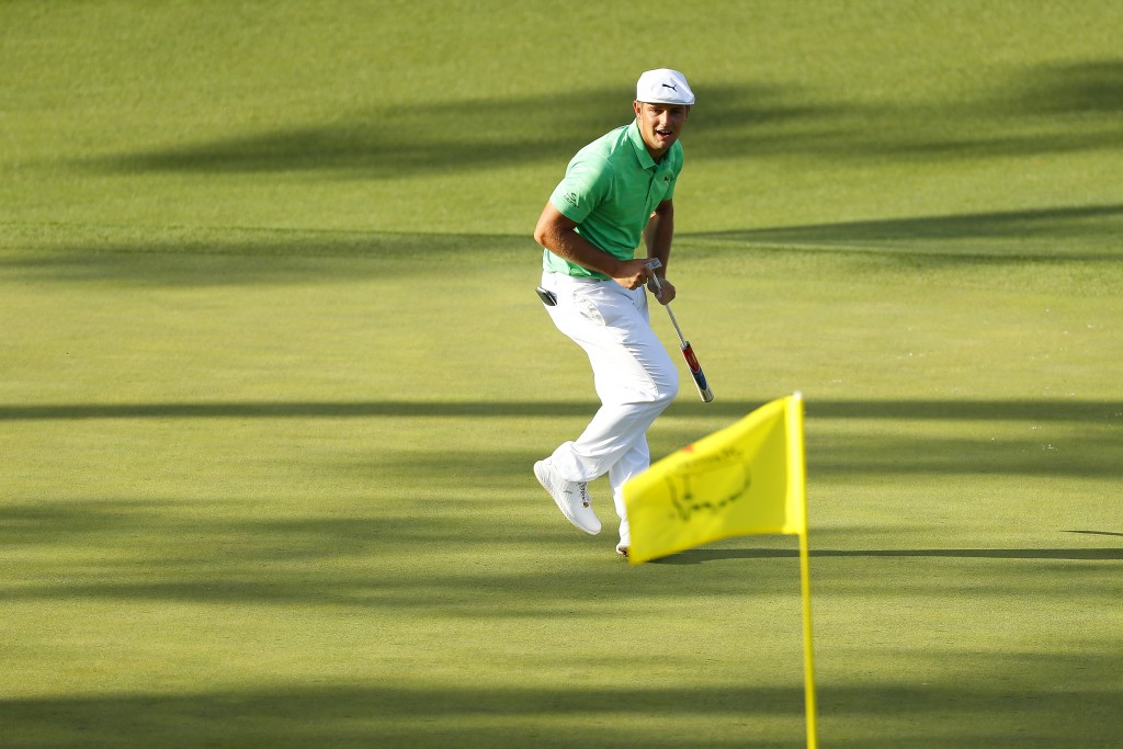 Bryson DeChambeau matched the fireworks of last year’s US Open and PGA Champion Brooks Koepka by firing a superb 66 to lead the Masters at Augusta after the first round . Picture by GETTY IMAGES.