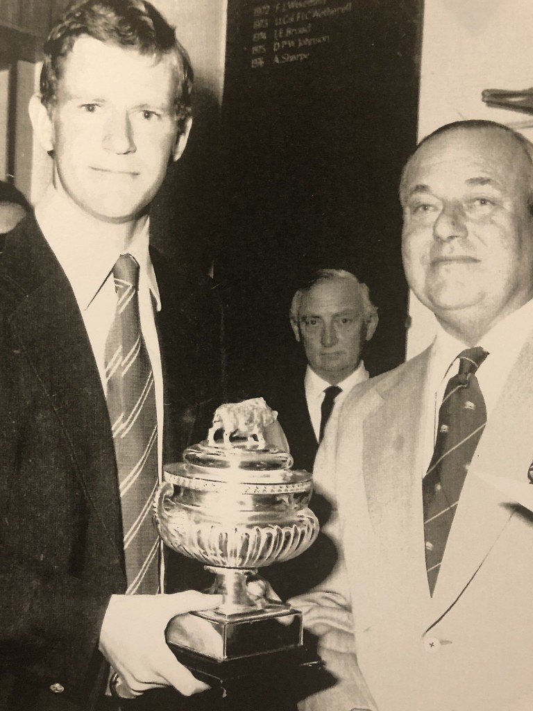 Open and Masters winner Sandy Lyle is presented with the Hampshire Hog back in 1977. Picture courtesy of North Hants GC 