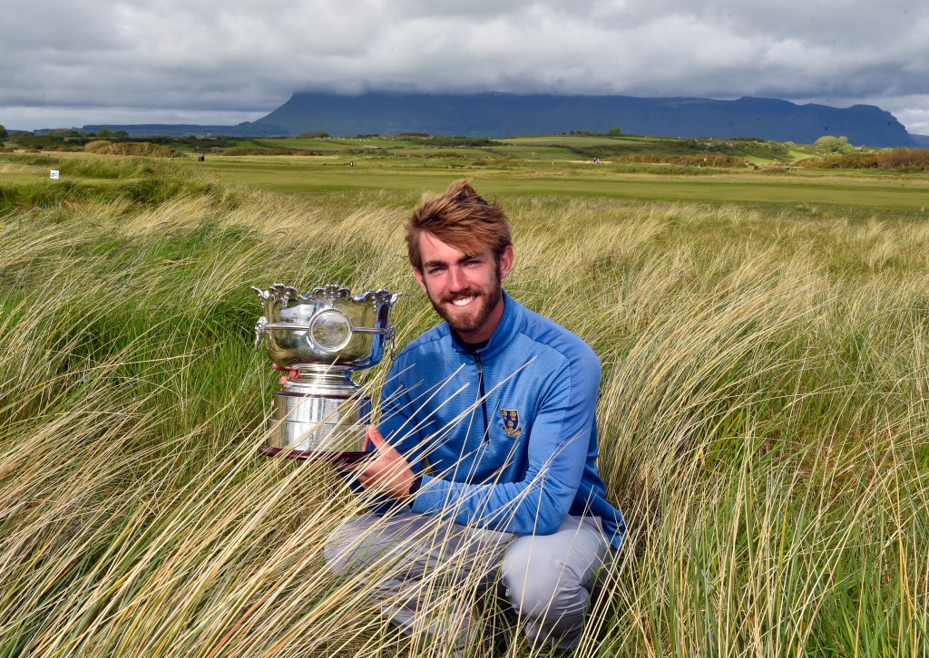 Prestbury’s James Newton with the 2019 Flogas Irish Amateur Open Championship trophy after his victory at County Sligo Picture by PAT CASHMAN courtesy of GUI