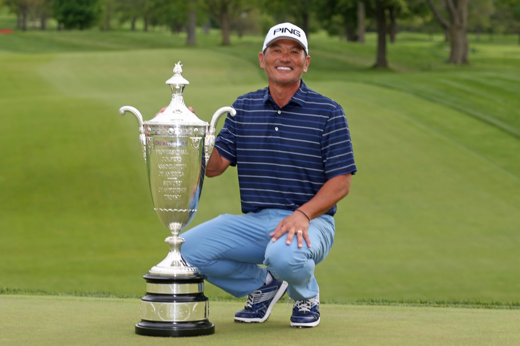 Ken Tanigawa completed his fairytale rise from amateur golf to Senior Major winner at Oak Hill, dashing Paul Broadhurst’s dream of going back to back in the KitchenAid PGA Senior. Picture by GETTY IMAGES