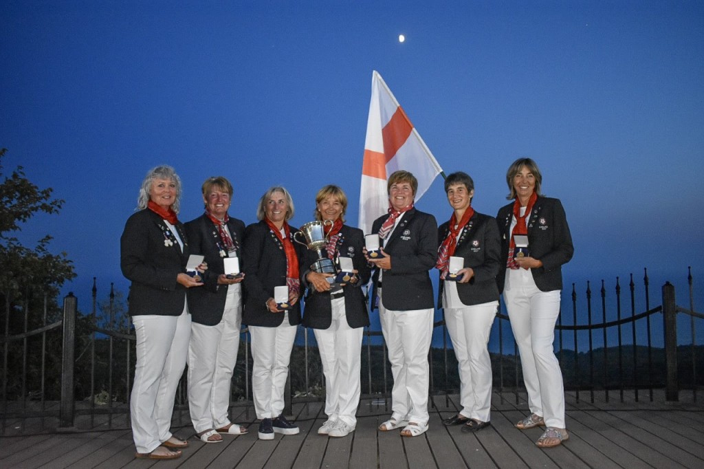 England’s 2019 European Seniors Ladies’ Team Champions team with the trophy at Bulgaria’s BlackSeaRama Golf Club