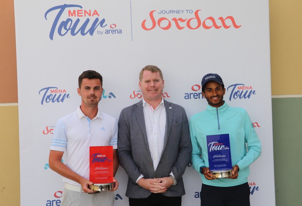 Chris Garrity, general manager of Royal Golf Club, with David Hague and Saud Al Sharif, the low amateur in the Bahrain Open