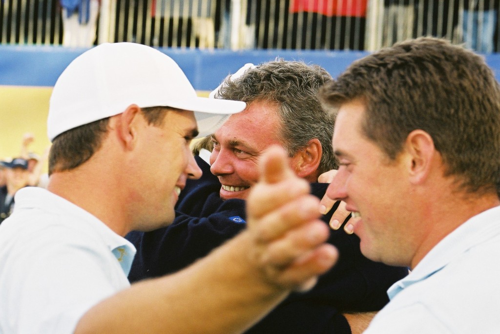 Padraig Harrington, Darren Clarke and Lee Westwood celebrate winning the 2002 Ryder Cup at The Belfry. All three have been a vice-captain for Europe