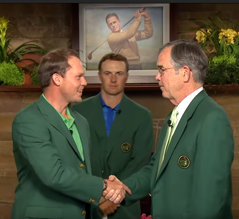 Danny Willett receives the Green Jacket after winning the 2016 Masters at Augusta