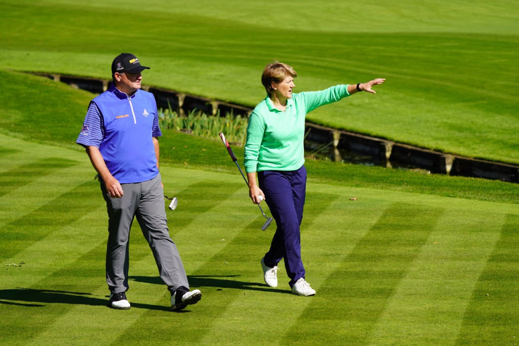 Paul Lawrie and Claire Balding at the launch of the European Legends Tour at Wentworth