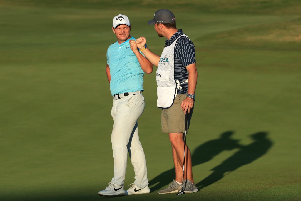 Callum Shinkwin (left) with caddie Sam Robertshawe after his victory in the 2020 Aphrodite Hills Cyprus Open