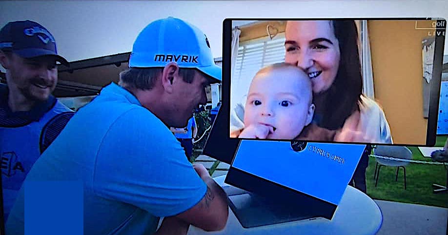 Callum Shinkwin talks to his son via a videolink after his play-off win in the 2020 Aphrodite Hills Cyprus Open