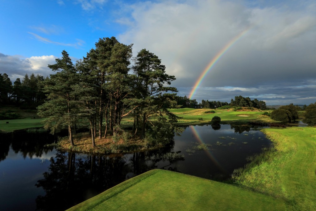 AUCHTERARDER, SCOTLAND - AUGUST 12: A view from the recently constructed new tees to the right of the water on the par 3, 14th hole on the Queen's Course at Gleneagles on August 12, 2019 in Auchterarder, Scotland. (Photo by David Cannon/Getty Images)
