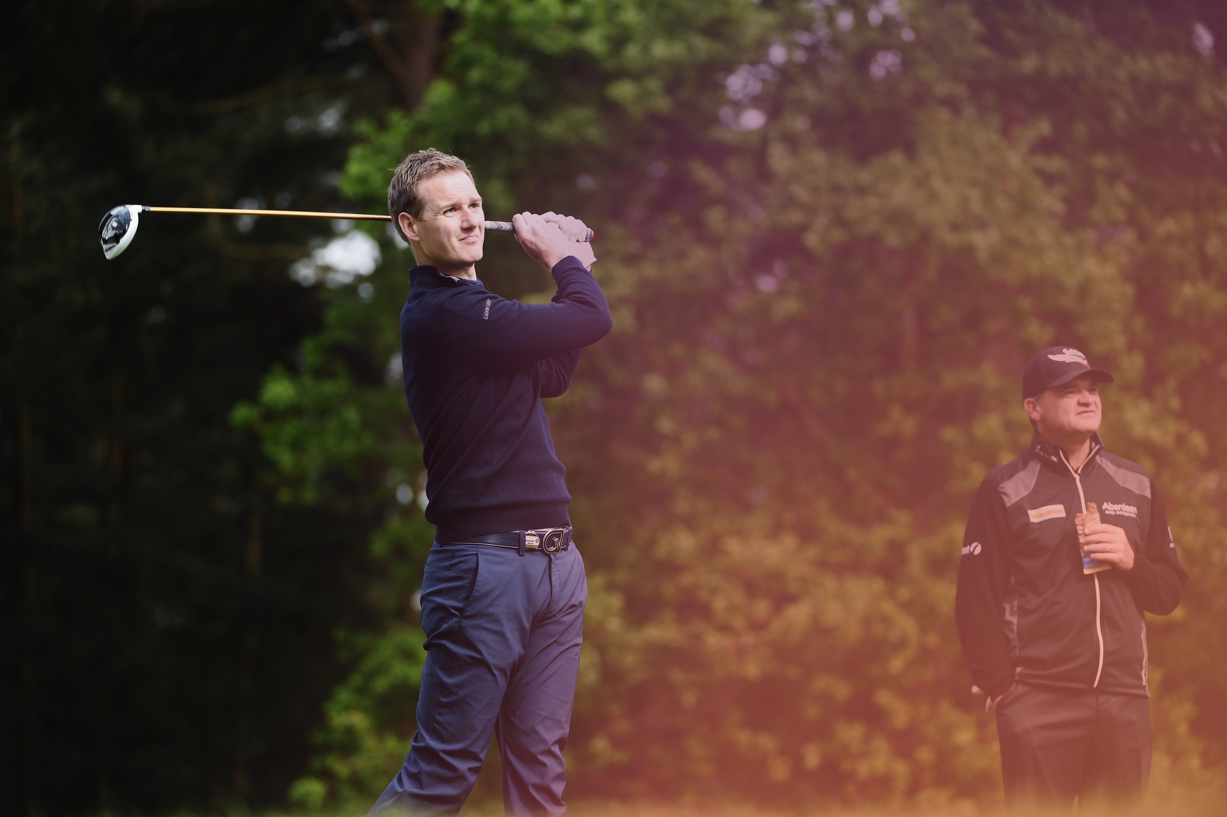 VIRGINIA WATER, ENGLAND - MAY 20:   Dan Walker of the BBC tees off during the Pro-Am ahead of the BMW PGA Championship at Wentworth on May 20, 2015 in Virginia Water, England.  (Photo by Ross Kinnaird/Getty Images)