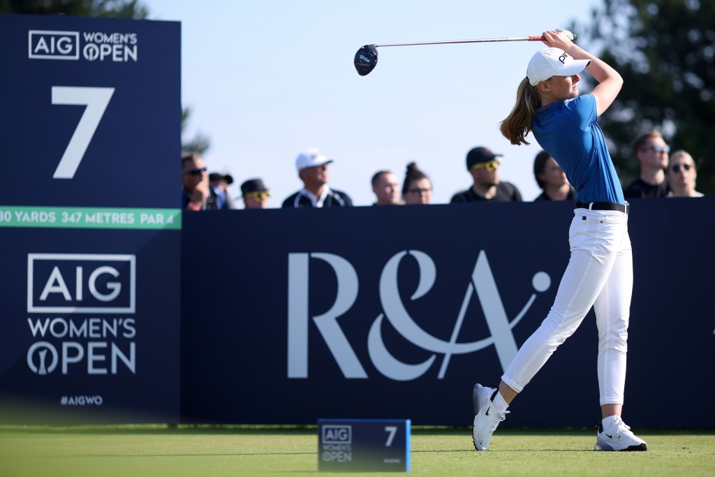 CARNOUSTIE, SCOTLAND - AUGUST 22: Louise Duncan of Scotland tees off on the seventh hole during Day Four of the AIG Women's Open at Carnoustie Golf Links on August 22, 2021 in Carnoustie, Scotland. (Photo by Charlie Crowhurst/R&A/R&A via Getty Images)